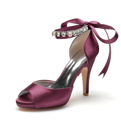 Maroon Peep Toe Bow Wedding Shoes Ankle Strap  Stiletto Heel Platform Sandals