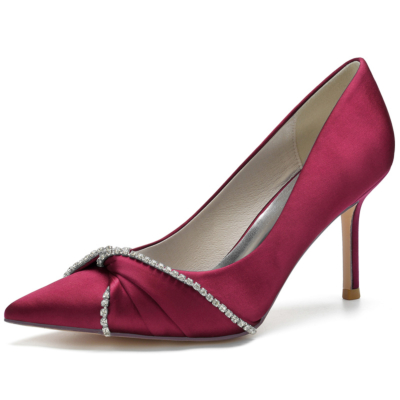 Maroon Satin Wedding Shoes Pointed Toe Stiletto Heel Pumps with Bow