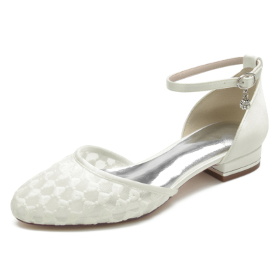 White Mesh D'orsay Flats Round Toe Comfy Ankle Strap Flat Shoes
