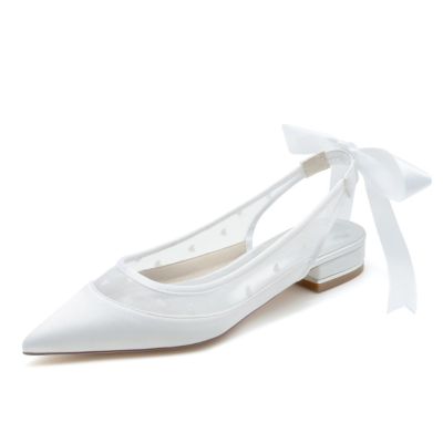 White Mesh Heart Slingback Flats Pointed Toe Bridal Flat Shoes With Back Bow