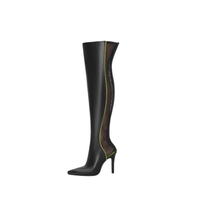 Black Mesh PU Thigh High Boots Stiletto High Heel Pointed Toe Over The Knee Boots