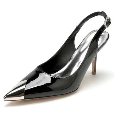 Black Metal Pointed Toe Slingbacks Shoes Dress Pumps Stiletto Heels for Work