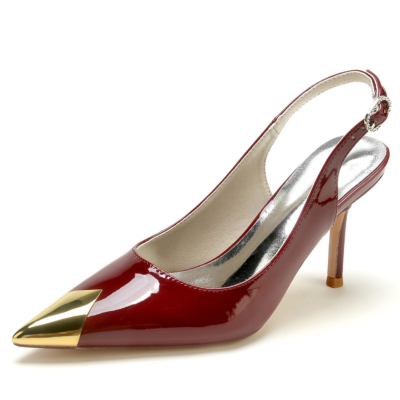 Burgundy Metal Pointed Toe Slingbacks Shoes Dress Pumps Stiletto Heels for Work
