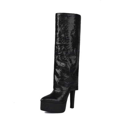 Black Metallic Glitter Pointed Toe Fold-over Knee High Boots