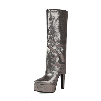 Grey Metallic Glitter Pointed Toe Fold-over Knee High Boots