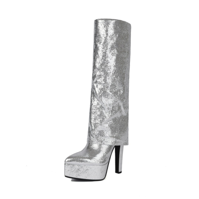 Silver Metallic Glitter Pointed Toe Fold-over Knee High Boots