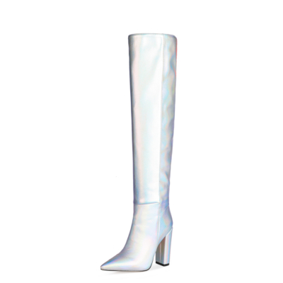 Silver Metallic Slouch Boots Block High Heels Over The Knee Boots