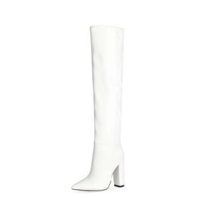 White Metallic Stretch Boots Block High Heels Over The Knee Boots