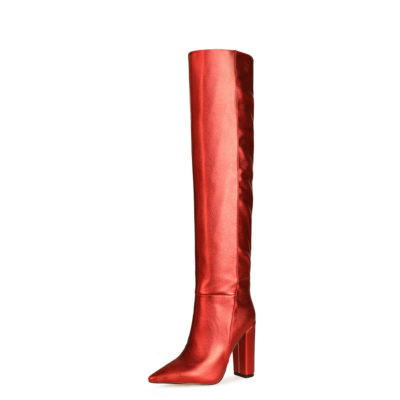 Red Metallic Slouch Boots Over The Knee Stretch Boots with Block Heels