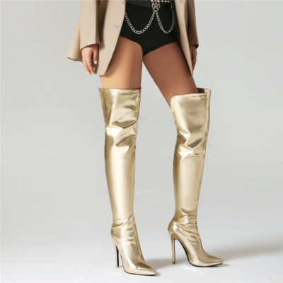 Golden Metallic Over The Knee Boots Stiletto High Heeled Back Zip Boots