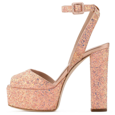 Pink Glitter Peep Toe Block Heel Platform Buckle Sequin Sandals with Ankle Strap