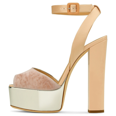 Gold Glitter Peep Toe Block Heel Platform Buckle Sequin Sandals with Ankle Strap