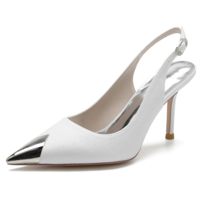 White Metallic Pointed Toe Glitter Pumps Shoes Slingback Stiletto Heels