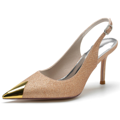 Champagne Metallic Pointed Toe Glitter Pumps Shoes Slingback Stiletto Heels