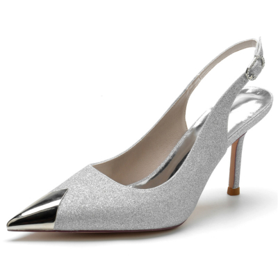 Silver Metallic Pointed Toe Glitter Pumps Shoes Slingback Stiletto Heels