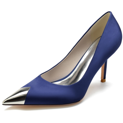 Navy Metallic Pointed Toe Satin Pumps Stiletto Heel Shoes For Dance
