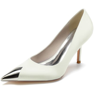Ivory Metallic Pointed Toe Satin Pumps Stiletto Heel Shoes For Dance