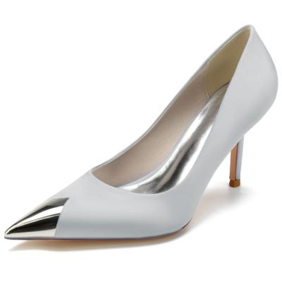 Grey Metallic Pointed Toe Satin Pumps Stiletto Heel Shoes For Dance