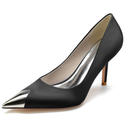 Black Metallic Pointed Toe Satin Pumps Stiletto Heel Shoes For Dance