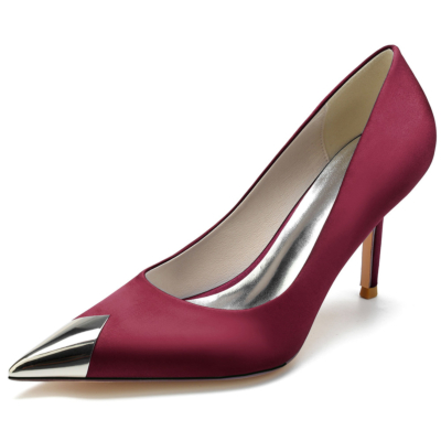 Burgundy Metallic Pointed Toe Satin Pumps Stiletto Heel Shoes For Dance