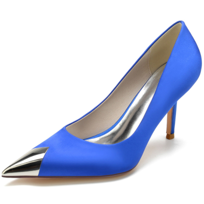 Royal Blue Metallic Pointed Toe Satin Pumps Stiletto Heel Shoes For Dance