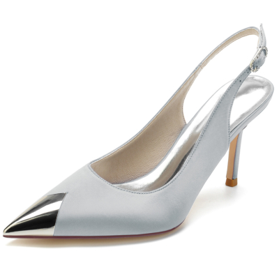 Silver Metallic Pointed Toe Stiletto Heel Slingback Pumps for Women