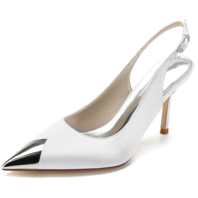 White Metallic Pointed Toe Stiletto Heel Slingback Pumps for Women
