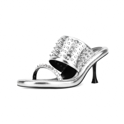 Silver Metallic Round Toe Rivet Mules Sandals Studded Middle Heels For Party