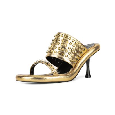 Metallic Round Toe Rivet Mules Sandals Studded Middle Heels For Party