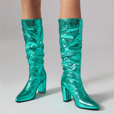 Cyan Green Metallic Slouchy Boots Chunky Heels Snake Printed Knee High Boots