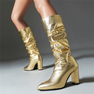 Gold Metallic Slouchy Boots Chunky Heels Snake Printed Knee High Boots