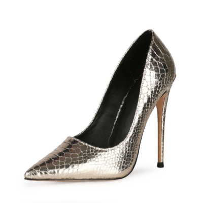 Golden Metallic Snake Printed Pumps Slip-on Women's Shoes with 5 inch Stiletto Heels