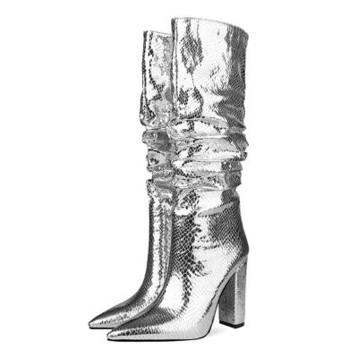 Metallic Snake Effect Slouchy Pointy Toe Knee High Boots