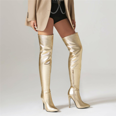 Golden Metallic Stiletto Thigh High Boots Litichi Grain Dress Over The Knee Boots