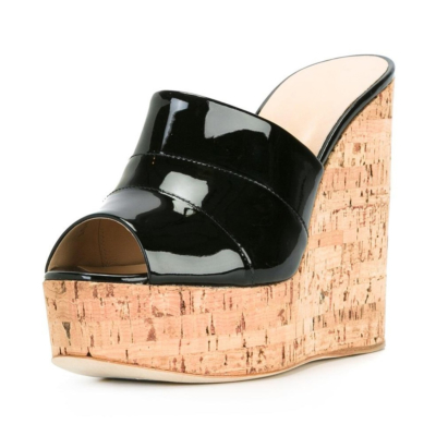 Metallic Women's Slide Sandals with Wooden Wedge Heels in Black