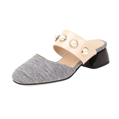Grey Tweed Slip On Mules Pearl Strap Heeled Mules Square Toe Chunky Heels Shoes