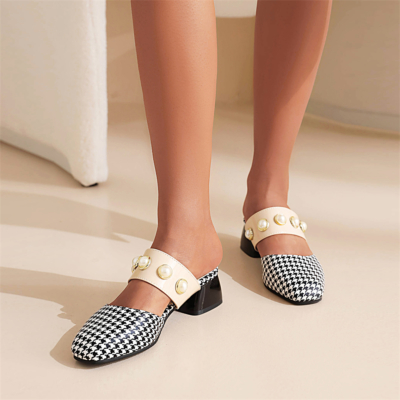 Houndstooth Slip On Mules Pearl Strap Heeled Mules Square Toe Chunky Heels Shoes
