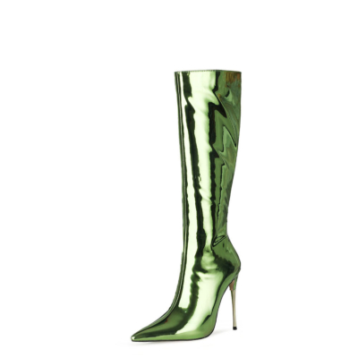 Mirror Long Knee High Boots Metallic Stiletto Heel Shiny Dress Boots