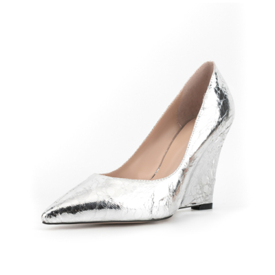 Silver Mirror Wedges Pumps 4 Inches High Heels Shoes