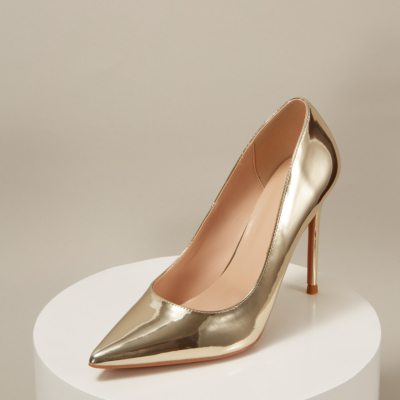 Metallic Mirrored Patent Leather Pointed Toe Stiletto Heels Office Pumps