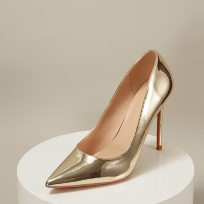 Golden Metallic Mirrored Patent Leather Pointed Toe Stiletto Heels Office Pumps
