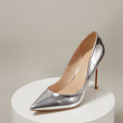 Silver Metallic Mirrored Patent Leather Pointed Toe Stiletto Heels Office Pumps