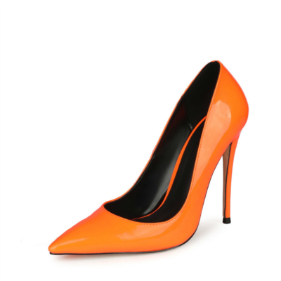 Neon Orange Patent Leather Patent Leather Heeled Pumps Summer Women's Court High Heels