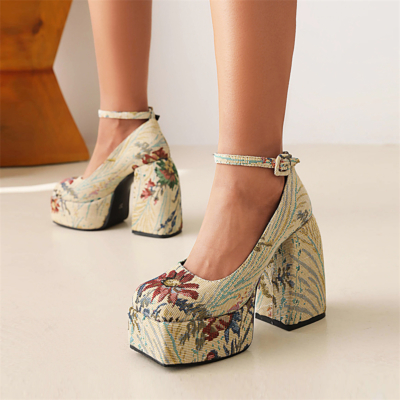 Multi-Color Platform Mary Janes Heels Chunky Heeled Ankle Strap Shoes For Women