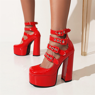 Red Multi-Strap Platform Mary Janes Chunky Heels Almond Toe Buckle Dress Shoes