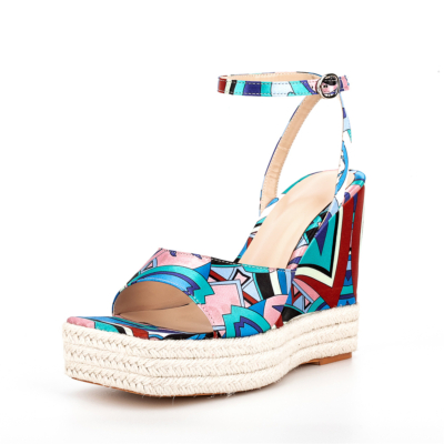 Blue Multicolor Geometry Printed Open Toe Straw Style Bohemia Wedge Sandals