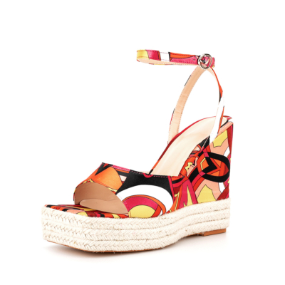 Multicolor Geometry Printed Open Toe Straw Style Bohemia Wedge Sandals
