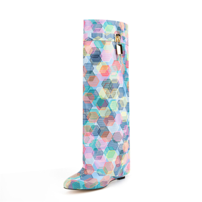 Cyan Multicolor Wedges Fold Over Boots Round Toe Knee High Boots for Party