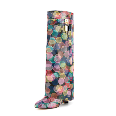 Multicolor Wedges Fold Over Boots Round Toe Knee High Boots for Party