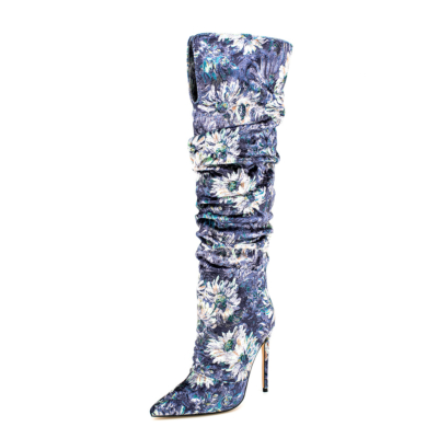 Navy Flowers Printed Pointed Toe Stiletto Heel Knee High Boots